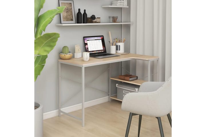 Tietokonepöytä valkoinen ja tammi 110x72x70 cm lastulevy - Ruskea - Tietokonepöytä
 - Kirjoituspöytä