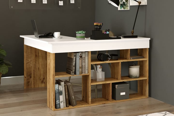 Työpöytä Karron 129 cm - Luonnonväri/Valkoinen - Tietokonepöytä
 - Kirjoituspöytä