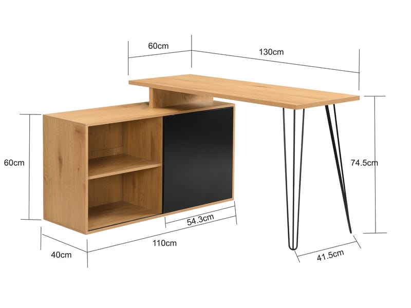 Vorlen kulmatyöpöytä 130 cm MDF:stä, hyllyllä - musta tammikuosi - Huonekalut - Pöytä & ruokailuryhmä - Työpöytä - Kirjoituspöytä - Kulmakirjoituspöytä