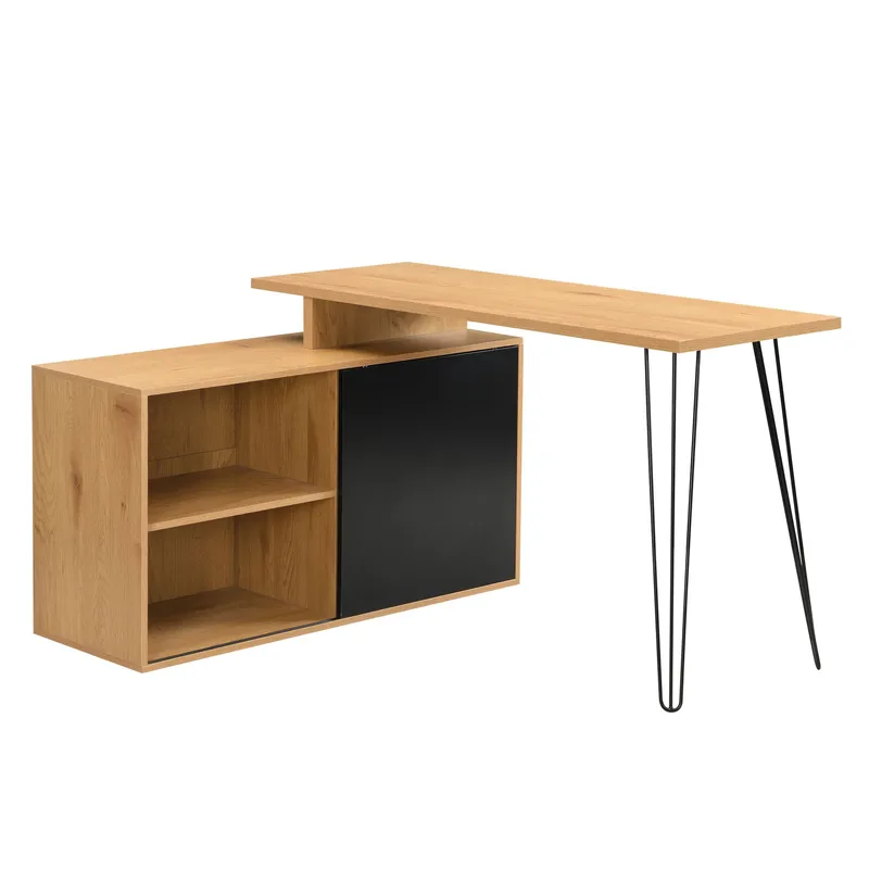 Vorlen kulmatyöpöytä 130 cm MDF:stä, hyllyllä, musta tammikuosi