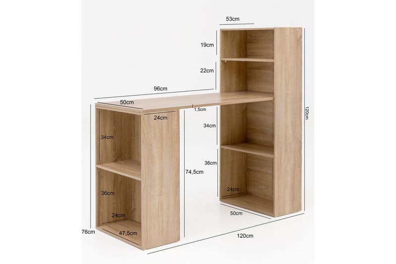 Kirjoituspöytä Wohnling hyllyllä 120x120x53 cm puuta moderni tyyli Sonoma - Sonoma - Huonekalut - Pöytä & ruokailuryhmä - Työpöytä
 - Tietokonepöytä