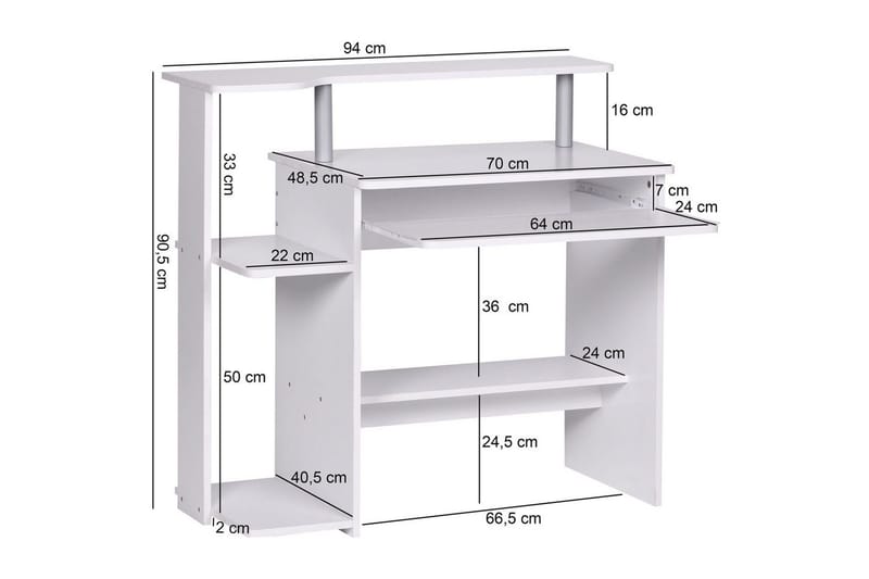 Kirjoituspöytä Wohnling tietokoneelle, pyörillä, näppäimistön ulosvedettävä taso, moderni tyyli Valkoinen - Valkoinen - Huonekalut - Pöytä & ruokailuryhmä - Työpöytä - Tietokonepöytä