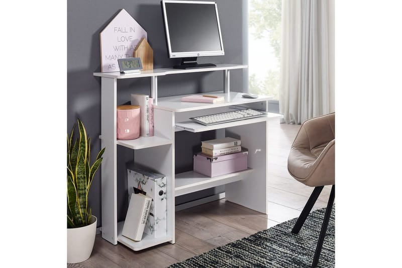Kirjoituspöytä Wohnling tietokoneelle, pyörillä, näppäimistön ulosvedettävä taso, moderni tyyli Valkoinen - Valkoinen - Huonekalut - Pöytä & ruokailuryhmä - Työpöytä - Tietokonepöytä
