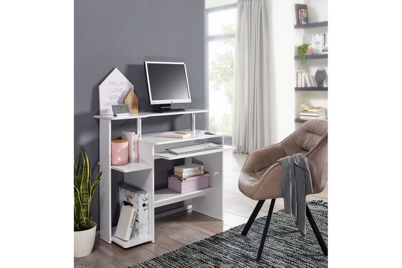 Kirjoituspöytä Wohnling tietokoneelle, pyörillä, näppäimistön ulosvedettävä taso, moderni tyyli Valkoinen - Valkoinen - Huonekalut - Pöytä & ruokailuryhmä - Työpöytä - Tietokonepöytä