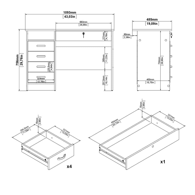 Klintberg työpöytä 5 laatikolla 109x48x76 cm - Huonekalut - Pöytä & ruokailuryhmä - Työpöytä - Kirjoituspöytä
