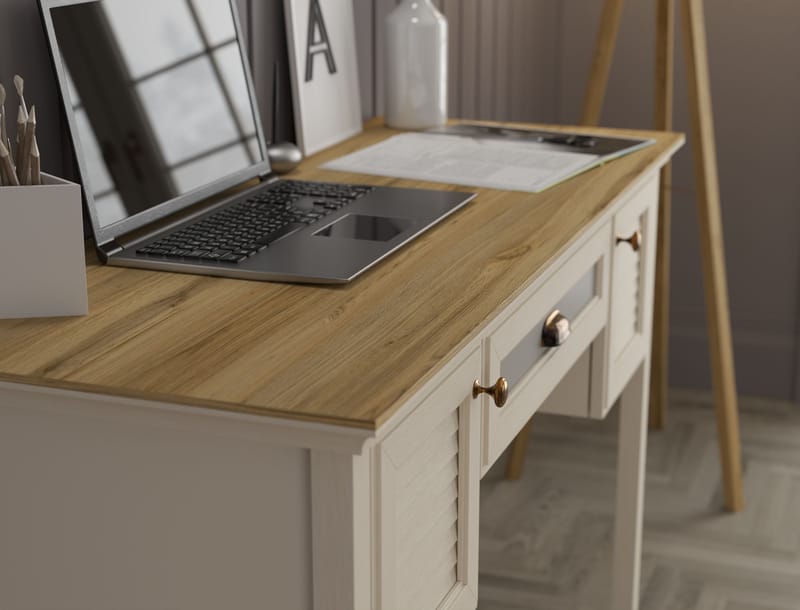 Nenora Kirjoituspöytä 132 cm - Kerma, tammi, harmaa - Huonekalut - Pöytä & ruokailuryhmä - Työpöytä - Tietokonepöytä