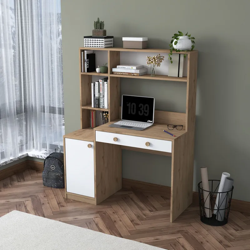 Opiskelupöytä ja kirjahylly Wallxpert Cleo Shelf (115 x 146 x 50 cm) pähkinä/valkoinen - Pähkinä ja valkoinen - Huonekalut - Pöytä & ruokailuryhmä - Työpöytä - Tietokonepöytä