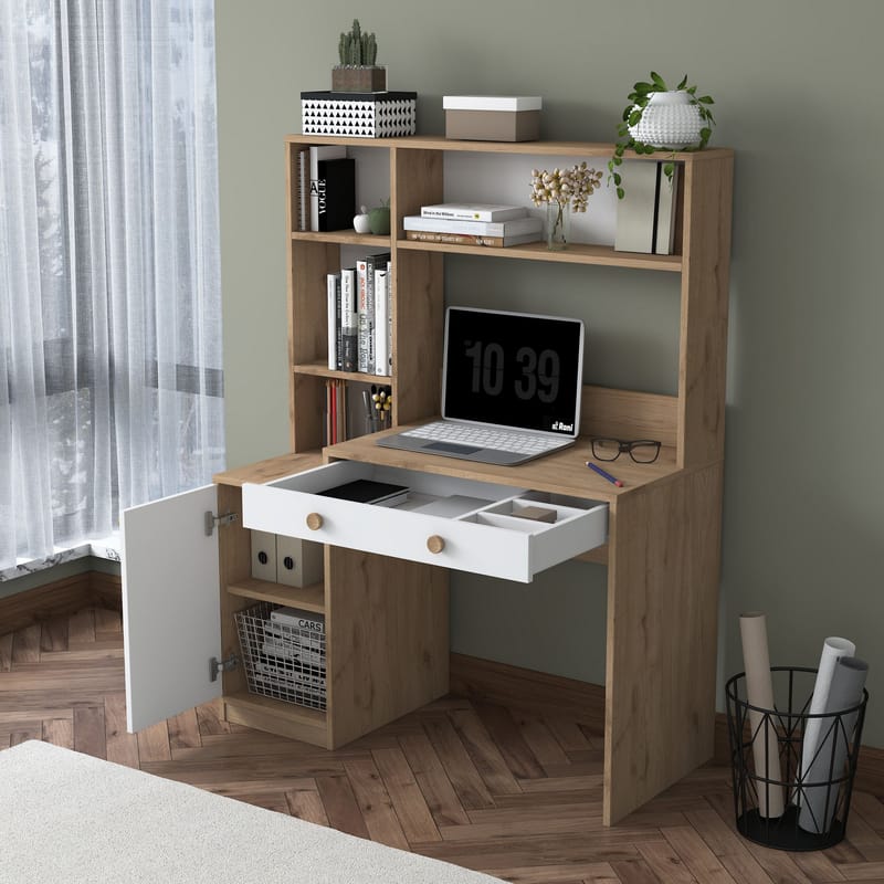 Opiskelupöytä ja kirjahylly Wallxpert Cleo Shelf (115 x 146 x 50 cm) pähkinä/valkoinen - Pähkinä ja valkoinen - Huonekalut - Pöytä & ruokailuryhmä - Työpöytä - Tietokonepöytä