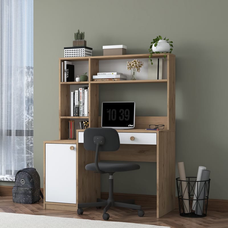 Opiskelupöytä ja kirjahylly Wallxpert Cleo Shelf (115 x 146 x 50 cm) pähkinä/valkoinen - Pähkinä ja valkoinen - Huonekalut - Pöytä & ruokailuryhmä - Työpöytä - Tietokonepöytä