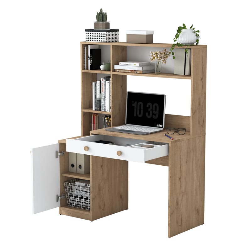 Opiskelupöytä ja kirjahylly Wallxpert Cleo Shelf (115 x 146 x 50 cm) pähkinä/valkoinen - Pähkinä ja valkoinen - Huonekalut - Pöytä & ruokailuryhmä - Työpöytä - Tietokonepöytä
