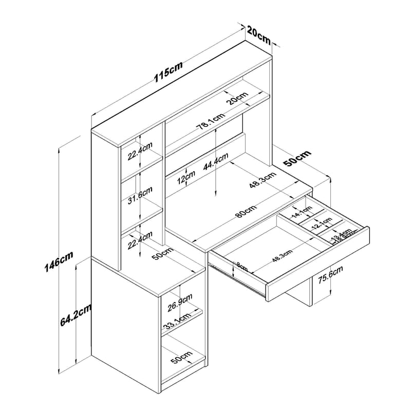 Opiskelupöytä ja kirjahylly Wallxpert Cleo Shelf (115 x 146 x 50 cm) pähkinä/valkoinen - Pähkinä ja valkoinen - Huonekalut - Pöytä & ruokailuryhmä - Työpöytä - Tietokonepöytä