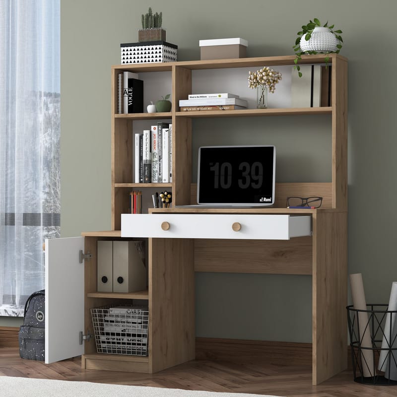 Opiskelupöytä ja kirjahylly Wallxpert Cleo Shelf (115 x 146 x 50 cm) pähkinä/valkoinen - Pähkinä ja valkoinen - Huonekalut - Pöytä & ruokailuryhmä - Työpöytä - Tietokonepöytä