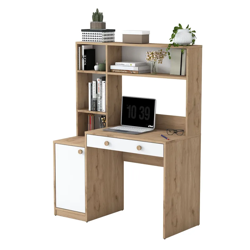 Opiskelupöytä ja kirjahylly Wallxpert Cleo Shelf (115 x 146 x 50 cm) pähkinä/valkoinen, Pähkinä ja valkoinen