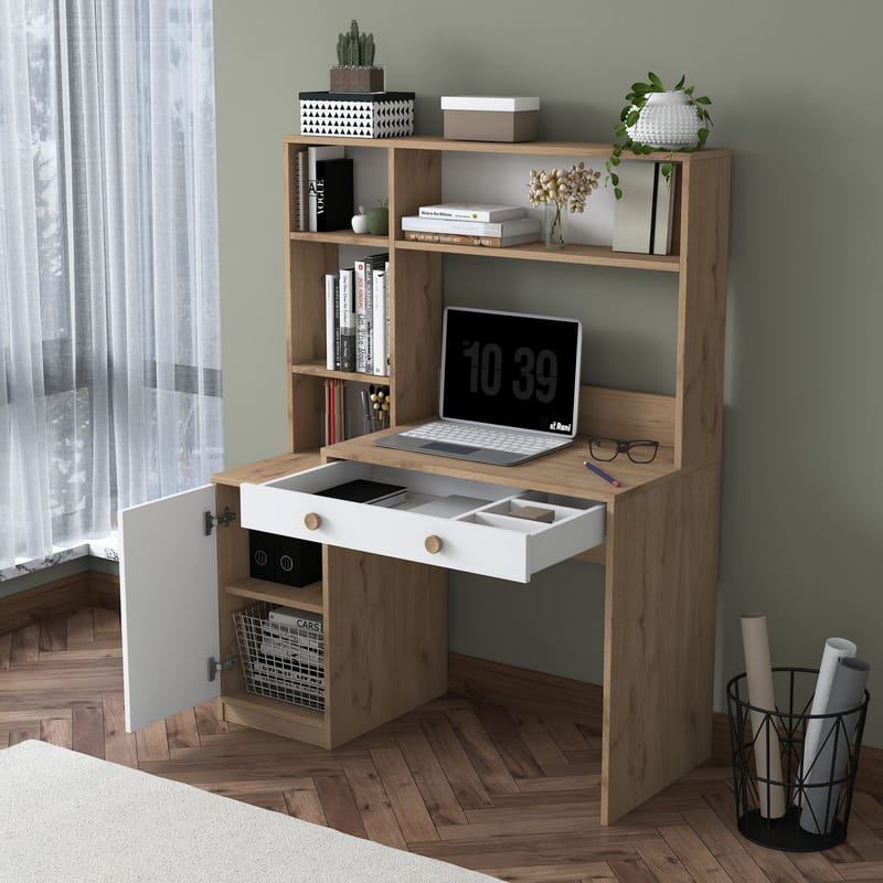 Opiskelupöytä ja kirjahylly Wallxpert Cleo Shelf (115 x 146 x 50 cm) pähkinä/valkoinen - Pähkinä ja valkoinen - Huonekalut - Pöytä & ruokailuryhmä - Työpöytä - Tietokonepöytä