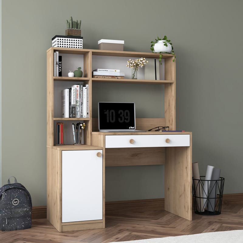 Opiskelupöytä ja kirjahylly Wallxpert Cleo Shelf (115 x 146 x 50 cm) pähkinä/valkoinen - Pähkinä ja valkoinen - Huonekalut - Pöytä & ruokailuryhmä - Työpöytä - Tietokonepöytä