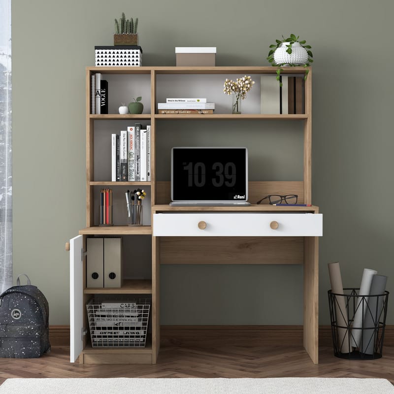 Opiskelupöytä ja kirjahylly Wallxpert Cleo Shelf (115 x 146 x 50 cm) pähkinä/valkoinen - Pähkinä ja valkoinen - Huonekalut - Pöytä & ruokailuryhmä - Työpöytä - Tietokonepöytä
