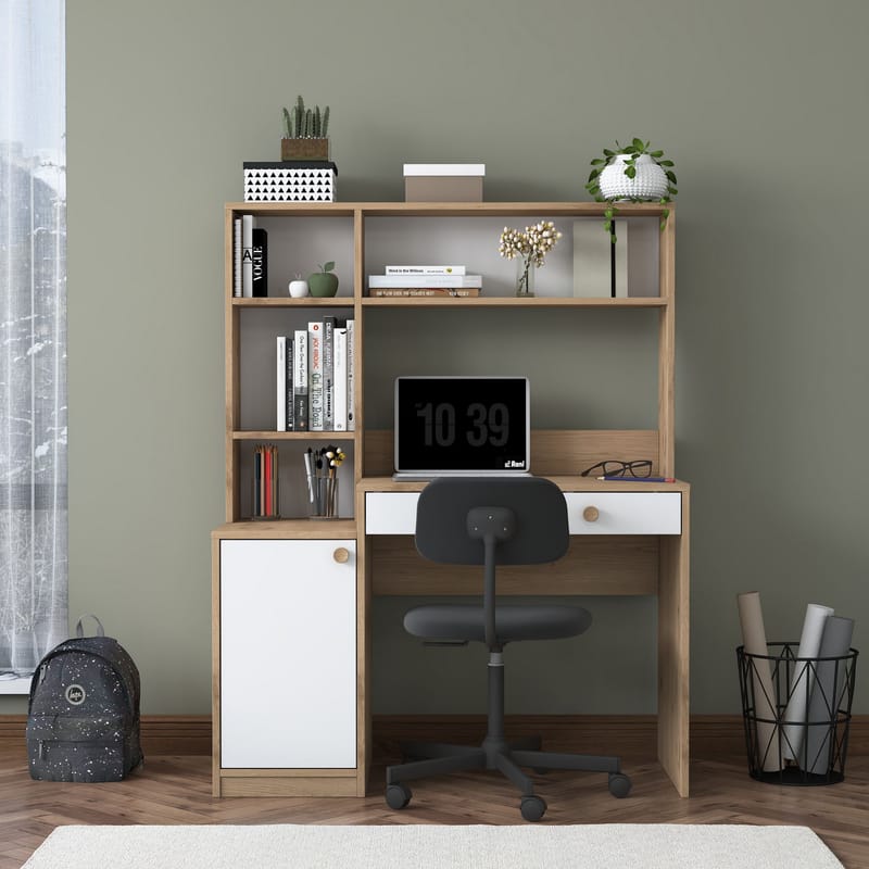 Opiskelupöytä ja kirjahylly Wallxpert Cleo Shelf (115 x 146 x 50 cm) pähkinä/valkoinen - Pähkinä ja valkoinen - Huonekalut - Pöytä & ruokailuryhmä - Työpöytä - Tietokonepöytä