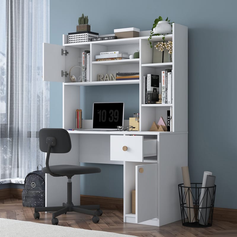 Opiskelupöytä ja kirjahylly Wallxpert Dara (120 x 166 x 50 cm) Valkoinen - Valkoinen - Huonekalut - Pöytä & ruokailuryhmä - Työpöytä - Tietokonepöytä