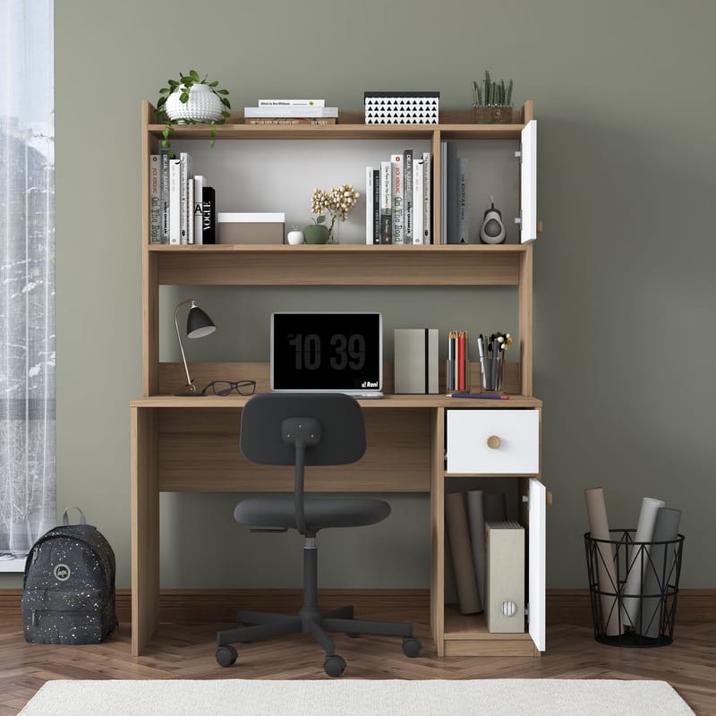 Opiskelupöytä ja kirjahylly Wallxpert Dara (120 x 166 x 50 cm) pähkinä valkoinen - Pähkinä ja valkoinen - Huonekalut - Pöytä & ruokailuryhmä - Työpöytä - Tietokonepöytä