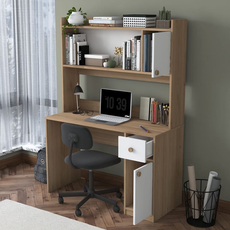Opiskelupöytä ja kirjahylly Wallxpert Dara (120 x 166 x 50 cm) pähkinä valkoinen - Pähkinä ja valkoinen - Huonekalut - Pöytä & ruokailuryhmä - Työpöytä - Tietokonepöytä