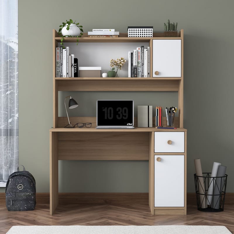 Opiskelupöytä ja kirjahylly Wallxpert Dara (120 x 166 x 50 cm) pähkinä valkoinen - Pähkinä ja valkoinen - Huonekalut - Pöytä & ruokailuryhmä - Työpöytä - Tietokonepöytä