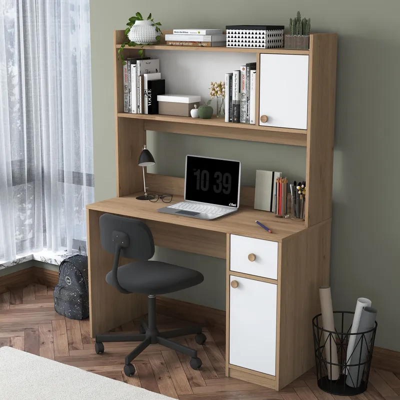 Opiskelupöytä ja kirjahylly Wallxpert Dara (120 x 166 x 50 cm) pähkinä valkoinen - Pähkinä ja valkoinen - Huonekalut - Pöytä & ruokailuryhmä - Työpöytä - Tietokonepöytä