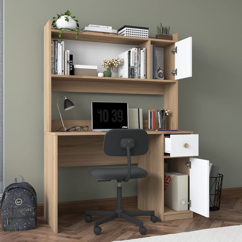 Opiskelupöytä ja kirjahylly Wallxpert Dara (120 x 166 x 50 cm) pähkinä valkoinen - Pähkinä ja valkoinen - Huonekalut - Pöytä & ruokailuryhmä - Työpöytä - Tietokonepöytä