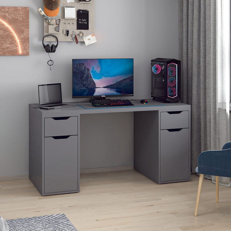 Opiskelupöytä Kalune Design Alen 150 cm (150 x 75 x 60 cm) Antrasiitti 2 laatikkoa, 2 kaappia - Antrasiitti - Huonekalut - Pöytä & ruokailuryhmä - Työpöytä - Tietokonepöytä