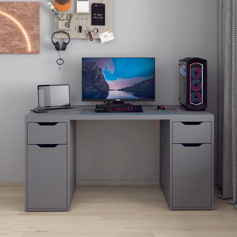Opiskelupöytä Kalune Design Alen 150 cm (150 x 75 x 60 cm) Antrasiitti 2 laatikkoa, 2 kaappia - Antrasiitti - Huonekalut - Pöytä & ruokailuryhmä - Työpöytä - Tietokonepöytä