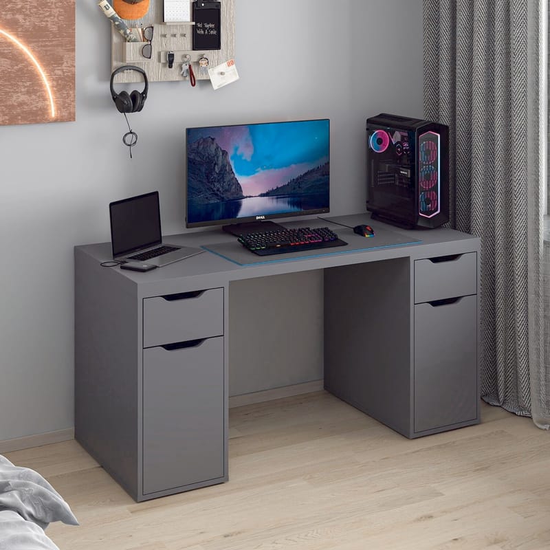 Opiskelupöytä Kalune Design Alen 150 cm (150 x 75 x 60 cm) Antrasiitti 2 laatikkoa, 2 kaappia - Antrasiitti - Huonekalut - Pöytä & ruokailuryhmä - Työpöytä - Tietokonepöytä