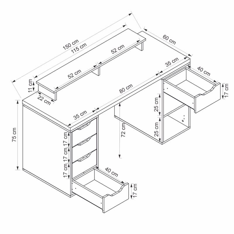Opiskelupöytä Kalune Design Alen 150 cm (150 x 75 x 60 cm) Antrasiitti 5 laatikkoa - Antrasiitti - Huonekalut - Pöytä & ruokailuryhmä - Työpöytä - Tietokonepöytä