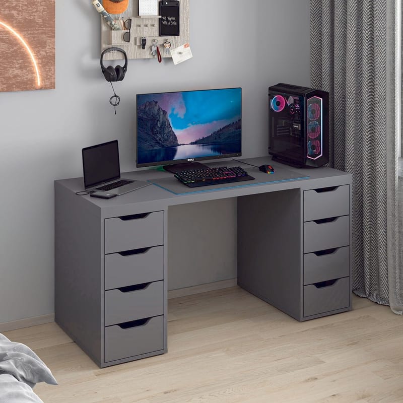 Opiskelupöytä Kalune Design Alen 150 cm (150 x 75 x 60 cm) Antrasiitti 8 laatikkoa - Antrasiitti - Huonekalut - Pöytä & ruokailuryhmä - Työpöytä - Tietokonepöytä