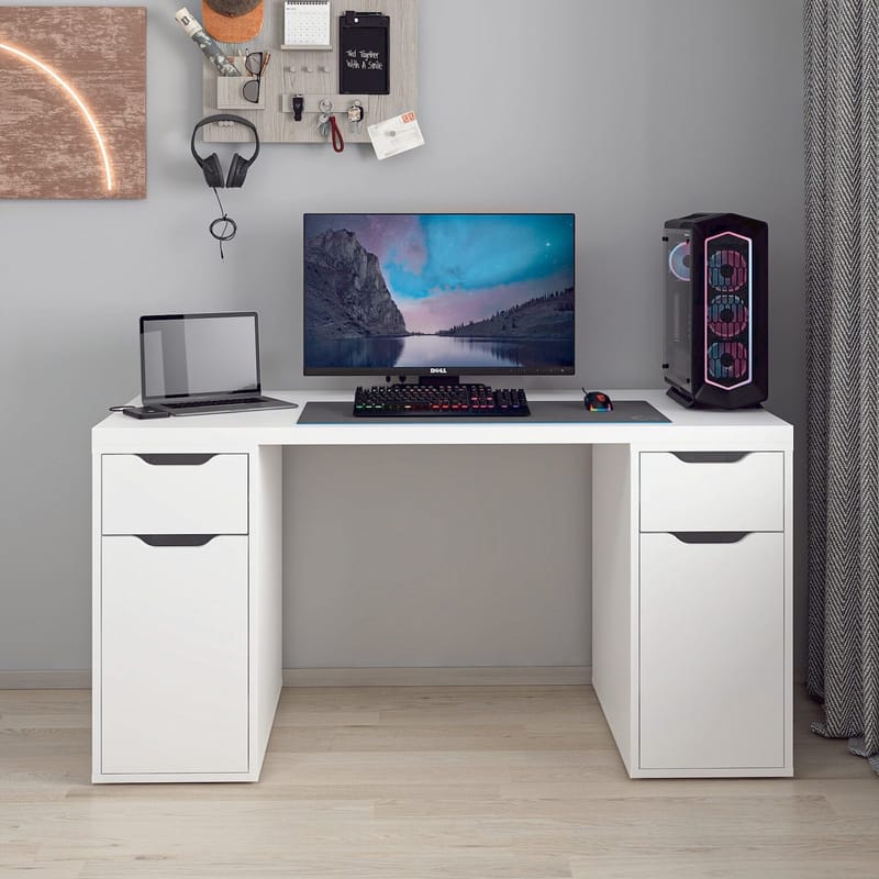 Opiskelupöytä Kalune Design Alen 150 cm (150 x 75 x 60 cm) Valkoinen 2 laatikkoa, 2 kaappia - Valkoinen - Huonekalut - Pöytä & ruokailuryhmä - Työpöytä - Tietokonepöytä