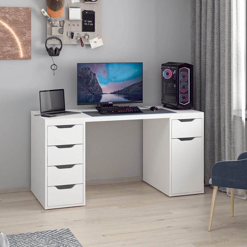 Opiskelupöytä Kalune Design Alen 150 cm (150 x 75 x 60 cm) Valkoinen 5 laatikkoa - Valkoinen - Huonekalut - Pöytä & ruokailuryhmä - Työpöytä - Tietokonepöytä