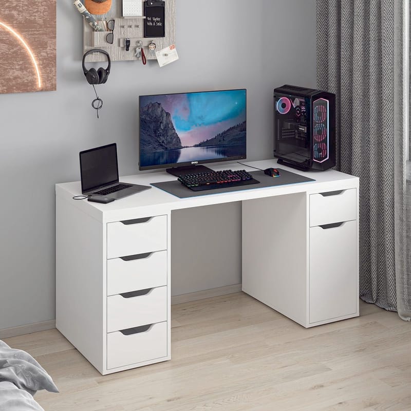Opiskelupöytä Kalune Design Alen 150 cm (150 x 75 x 60 cm) Valkoinen 5 laatikkoa - Valkoinen - Huonekalut - Pöytä & ruokailuryhmä - Työpöytä - Tietokonepöytä