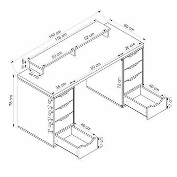 Opiskelupöytä Kalune Design Alen 150 cm (150 x 75 x 60 cm) Valkoinen 8 laatikkoa - Valkoinen - Huonekalut - Pöytä & ruokailuryhmä - Työpöytä - Tietokonepöytä