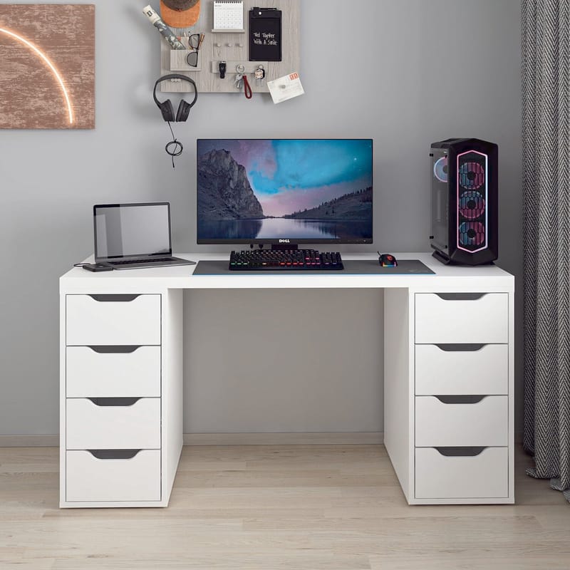 Opiskelupöytä Kalune Design Alen 150 cm (150 x 75 x 60 cm) Valkoinen 8 laatikkoa - Valkoinen - Huonekalut - Pöytä & ruokailuryhmä - Työpöytä - Tietokonepöytä