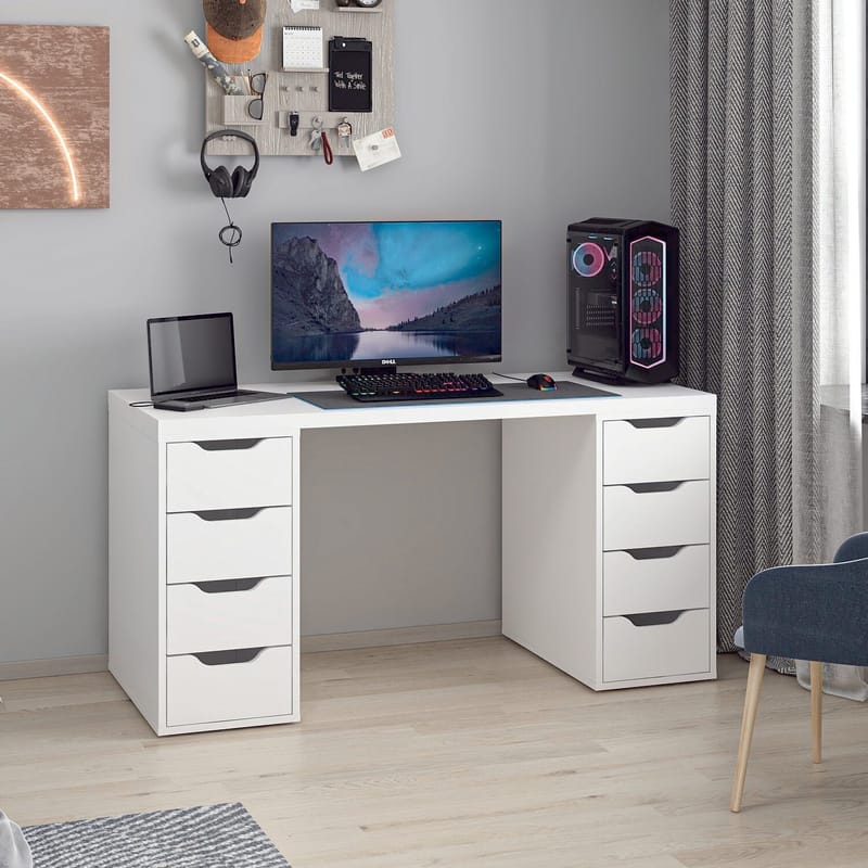 Opiskelupöytä Kalune Design Alen 150 cm (150 x 75 x 60 cm) Valkoinen 8 laatikkoa - Valkoinen - Huonekalut - Pöytä & ruokailuryhmä - Työpöytä - Tietokonepöytä