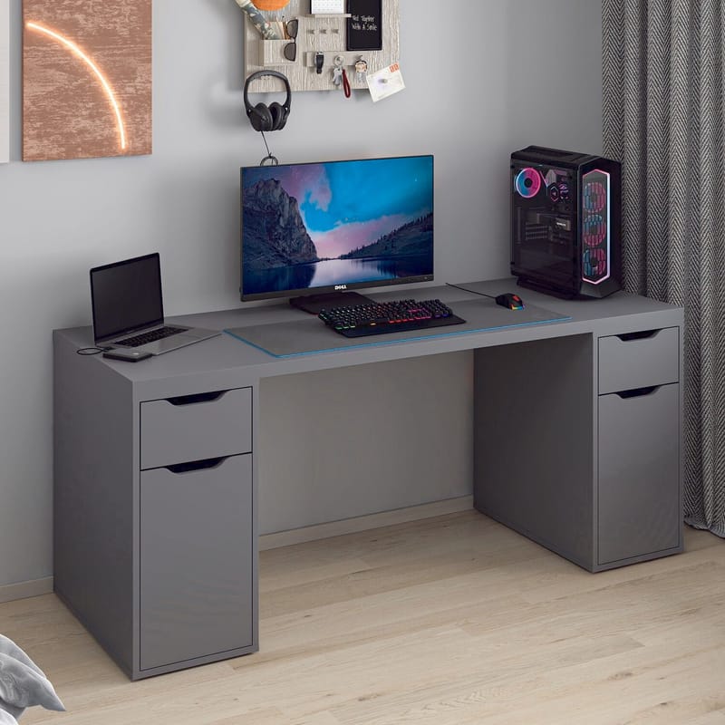 Opiskelupöytä Kalune Design Alen 180 cm (180 x 75 x 60 cm) Antrasiitti 2 laatikkoa, 2 kaappia - Antrasiitti - Huonekalut - Pöytä & ruokailuryhmä - Työpöytä - Tietokonepöytä