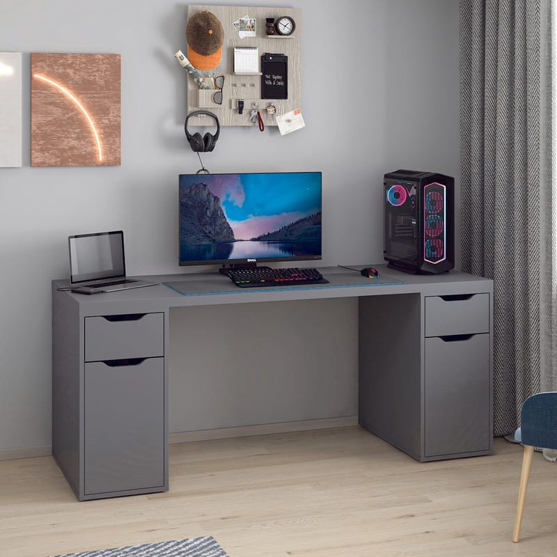 Opiskelupöytä Kalune Design Alen 180 cm (180 x 75 x 60 cm) Antrasiitti 2 laatikkoa, 2 kaappia - Antrasiitti - Huonekalut - Pöytä & ruokailuryhmä - Työpöytä - Tietokonepöytä