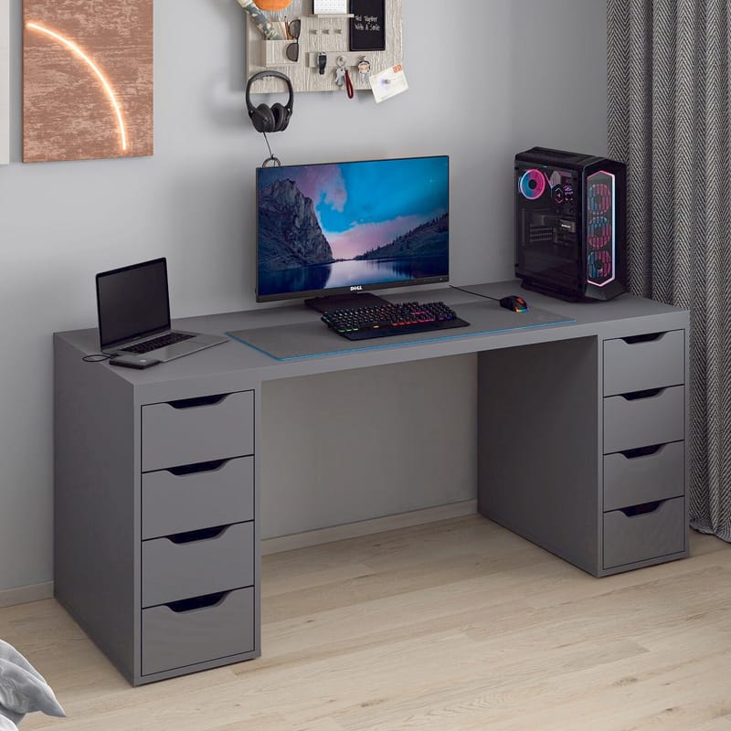 Opiskelupöytä Kalune Design Alen 180 cm (180 x 75 x 60 cm) Antrasiitti 8 laatikkoa - Antrasiitti - Huonekalut - Pöytä & ruokailuryhmä - Työpöytä - Tietokonepöytä