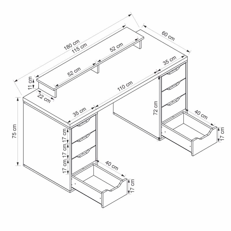 Opiskelupöytä Kalune Design Alen 180 cm (180 x 75 x 60 cm) Antrasiitti 8 laatikkoa - Antrasiitti - Huonekalut - Pöytä & ruokailuryhmä - Työpöytä - Tietokonepöytä