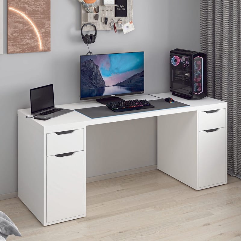 Opiskelupöytä Kalune Design Alen 180 cm (180 x 75 x 60 cm) Valkoinen 2 laatikkoa, 2 kaappia - Valkoinen - Huonekalut - Pöytä & ruokailuryhmä - Työpöytä - Tietokonepöytä