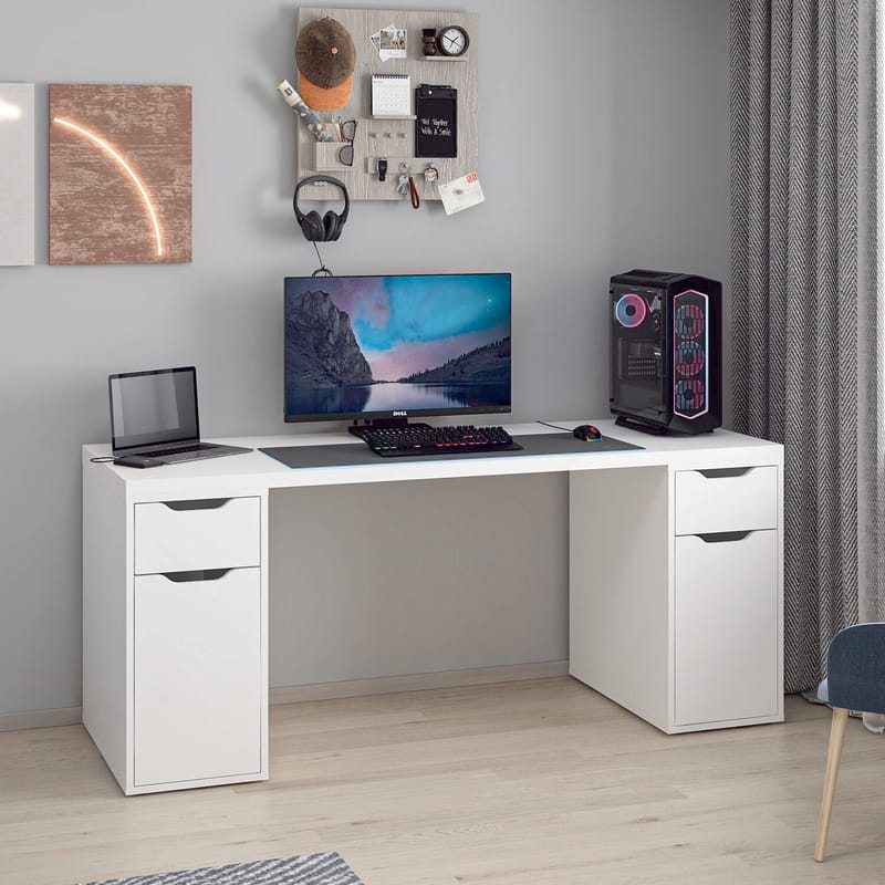 Opiskelupöytä Kalune Design Alen 180 cm (180 x 75 x 60 cm) Valkoinen 2 laatikkoa, 2 kaappia - Valkoinen - Huonekalut - Pöytä & ruokailuryhmä - Työpöytä - Tietokonepöytä
