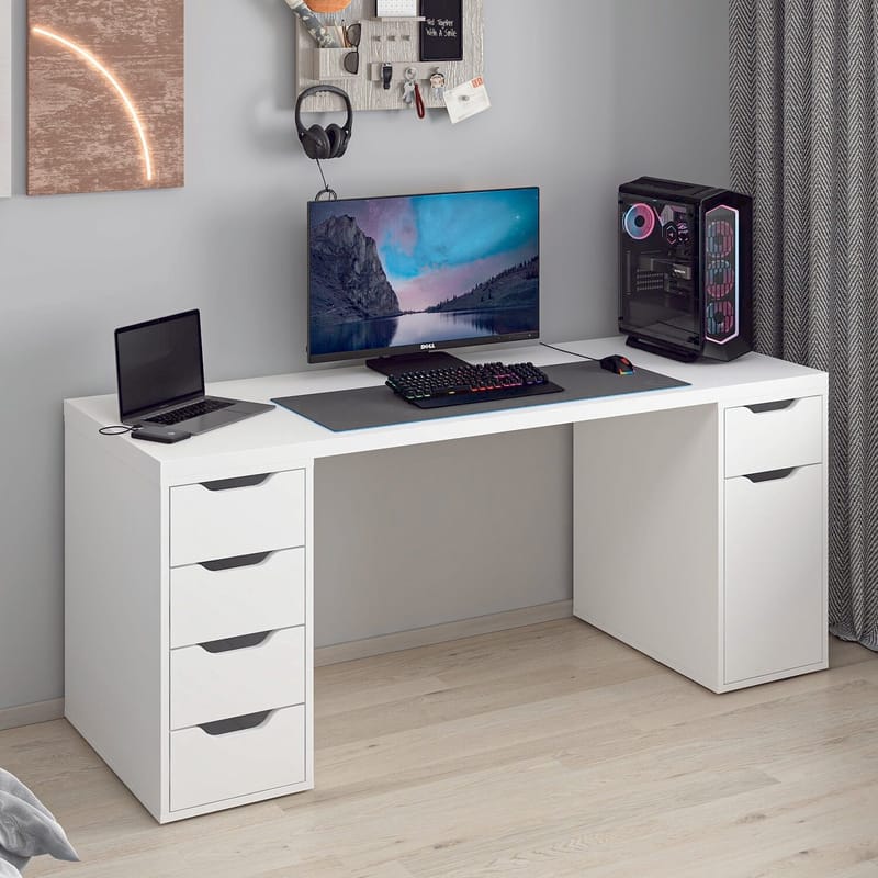 Opiskelupöytä Kalune Design Alen 180 cm (180 x 75 x 60 cm) Valkoinen 5 kaappia - Valkoinen - Huonekalut - Pöytä & ruokailuryhmä - Työpöytä - Tietokonepöytä