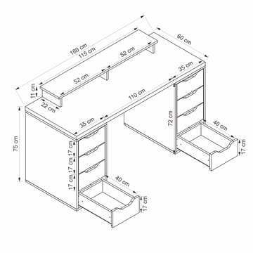 Opiskelupöytä Kalune Design Alen 180 cm (180 x 75 x 60 cm) Valkoinen 8 laatikkoa - Valkoinen - Huonekalut - Pöytä & ruokailuryhmä - Työpöytä - Tietokonepöytä