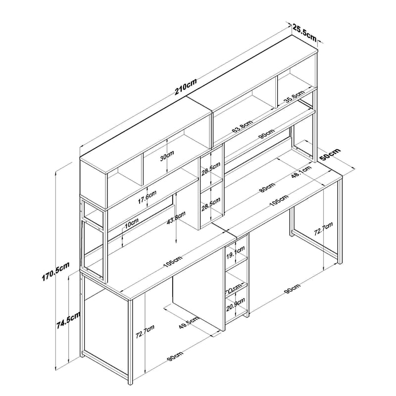 Opiskelupöytä Wallxpert Dara (210 x 170,5 x 50 cm) valkoinen - Valkoinen - Huonekalut - Pöytä & ruokailuryhmä - Työpöytä - Tietokonepöytä