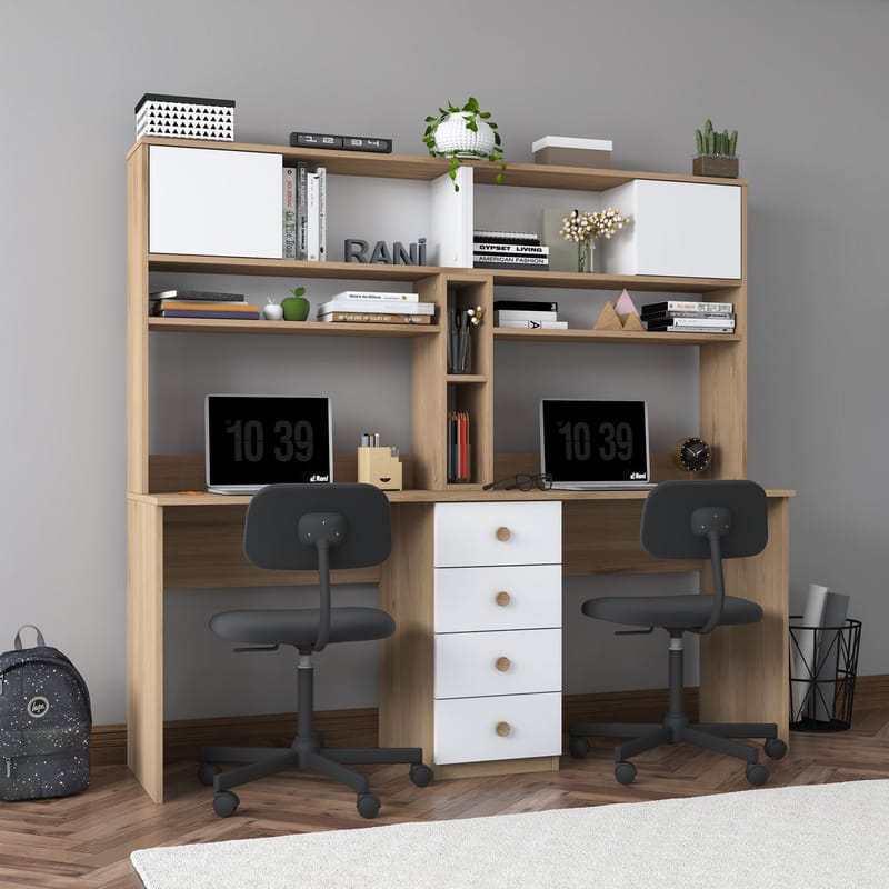 Opiskelupöytä Wallxpert Eska (180 x 166,3 x 50 cm) pähkinä valkoinen - Pähkinä ja valkoinen - Huonekalut - Pöytä & ruokailuryhmä - Työpöytä - Tietokonepöytä