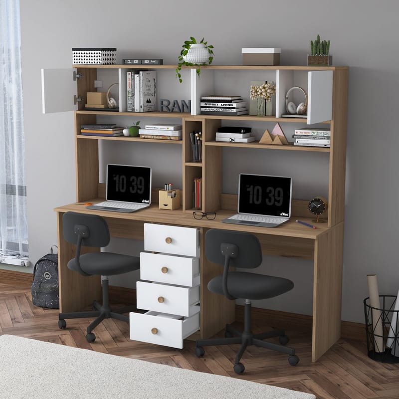Opiskelupöytä Wallxpert Eska (180 x 166,3 x 50 cm) pähkinä valkoinen - Pähkinä ja valkoinen - Huonekalut - Pöytä & ruokailuryhmä - Työpöytä - Tietokonepöytä