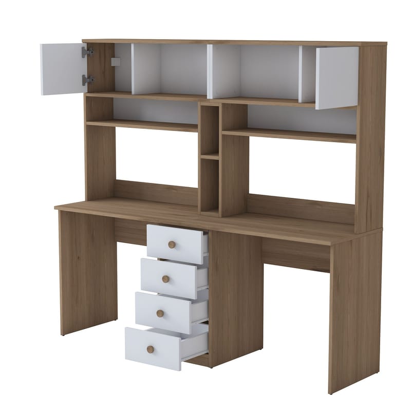 Opiskelupöytä Wallxpert Eska (180 x 166,3 x 50 cm) pähkinä valkoinen - Pähkinä ja valkoinen - Huonekalut - Pöytä & ruokailuryhmä - Työpöytä - Tietokonepöytä
